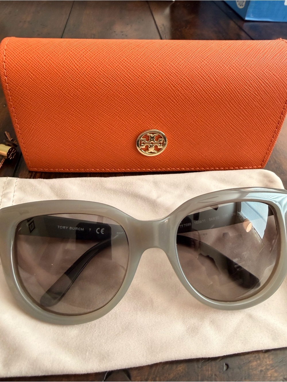 Tory Burch Gray Oversized Sunglasses with Orange Logo Case